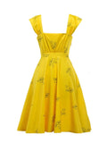 Vintage Yellow Cute Floral Print Dresses Casual Summer Women Cap Sleeve Square Collar Backless Elegant Skater Dress