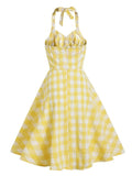 Vacation Women Summer Dress Sexy Backless Party Halter Neck Yellow Plaid 50s Vintage High Waist Ladies Swing Dresses