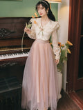 2pcs/set Summer Chiffon Patchwork Retro Pink Vintage Party Korean Lace Solid Floral Sweet Dress