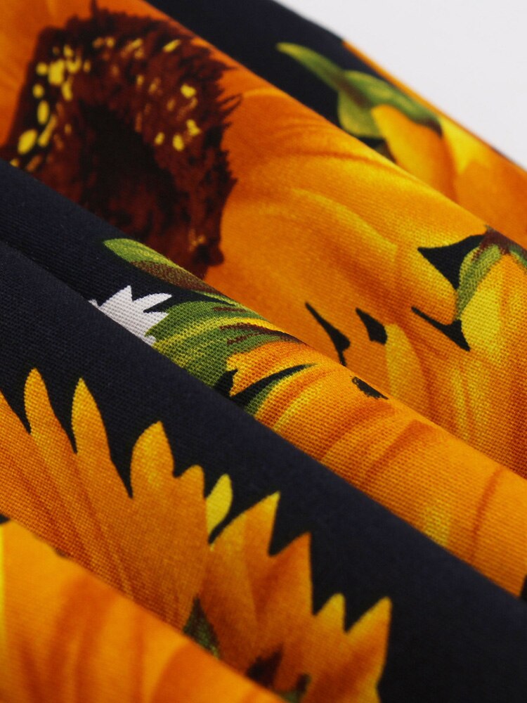 Sunflower Floral V Neck 50S Retro Robe Slim Elegant Party Dress Women Button 95% Cotton Pinup Vintage Dresses