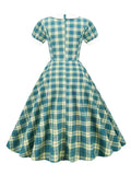 Penter-Pan Collar Button Front Green Plaid Rockabilly Vintage Dresses for Women High Waist Elegant A-Line Dress