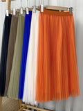 Elegant Tulle Pleated Skirt Summer Women Elastic High Waist Solid Casual Mesh Midi Skirt