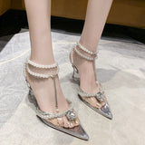 Silver Pearl Ankle Strap High Heels Sandals Women Summer Sexy Pointed Toe Clear PVC Sandals Woman Fashion Rhinestone Party Shoes