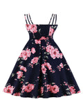 XL to 4XL Women Vintage Clothing Knot Front Spaghetti Strap Fit and Flare Floral Print Summer Ladies Long Dresses