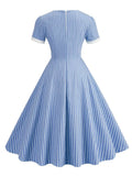 Square Neck Striped Vintage Rockabilly Dress Elegant Clothes Women Short Sleeve High Waist A-Line Cotton Dresses