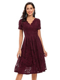 V-Neck High Waist Lace Elegant Party Vintage Midi Dresses for Women Short Sleeve Summer Style Pleated Swing Dress