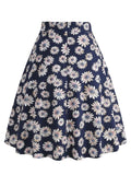 Daisy Floral Retro Style A-Line Midi Skirts for Women Concealed Zipper Back Vintage Clothes Pinup Black Skirt