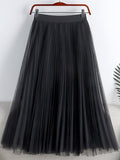 Elegant Tulle Pleated Skirt Summer Women Elastic High Waist Solid Casual Mesh Midi Skirt