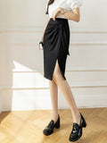 High Waist Pleated Split Office Lady Summer Korean Style Sexy Women Solid Color Knee-length Pencil Skirt