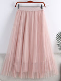 Summer Women Solid Casual Tulle Elastic High Waist Elegant Mesh Pleated Skirt