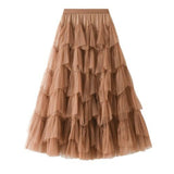 Long Maxi Women Korean Irregular Ruffle High Waist Pleated Skirt Mesh Asymmetrical Tutu Skirt