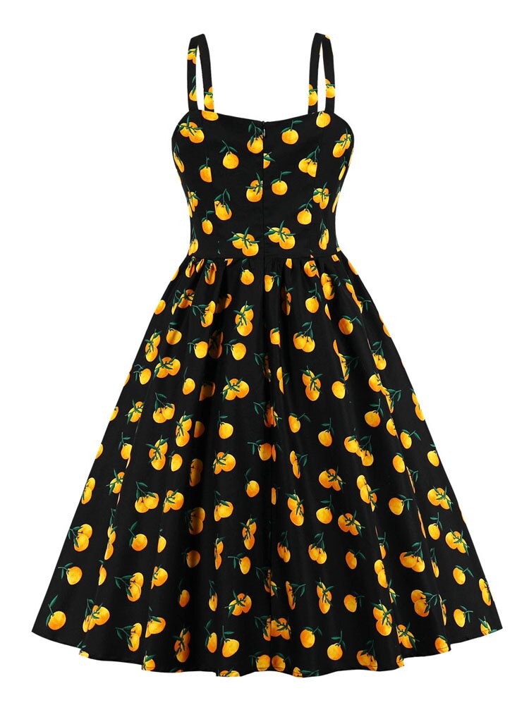 Fruit and Floral Vintage 50s Bow Front Pleated Cotton Women Spaghetti Strap Summer High Waist Pocket Dress