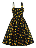 Fruit and Floral Vintage 50s Bow Front Pleated Cotton Women Spaghetti Strap Summer High Waist Pocket Dress