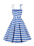 Blue and White Stripes Summer Dress Women Bow Tie Strap Fit and Flare 50s Pinup Pleated Vintage Dresses