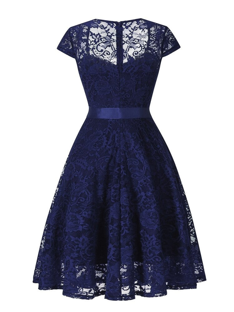 Sweetheart Neck Elegant Burgundy Lace Evening Party Cap Sleeve Summer Vintage A-Line Swing Dress