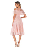 Mesh O-Neck Ruffle Trim Cold Shoulder Elegant Robe Lace Long Dress Women Summer Elegant Party Vintage Swing Dresses