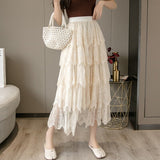 High Waist Lace Women Spring Korean Style All-match Ladies Elegant A-line Long Skirt