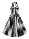 Black and White Striped Women Evening Party Vintage Dresses Halter Sweetheart Neck Pleated Cotton Backless Dress