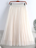 Elegant Tulle Pleated Skirt Summer Women Elastic High Waist Solid Casual Mesh Midi Skirt