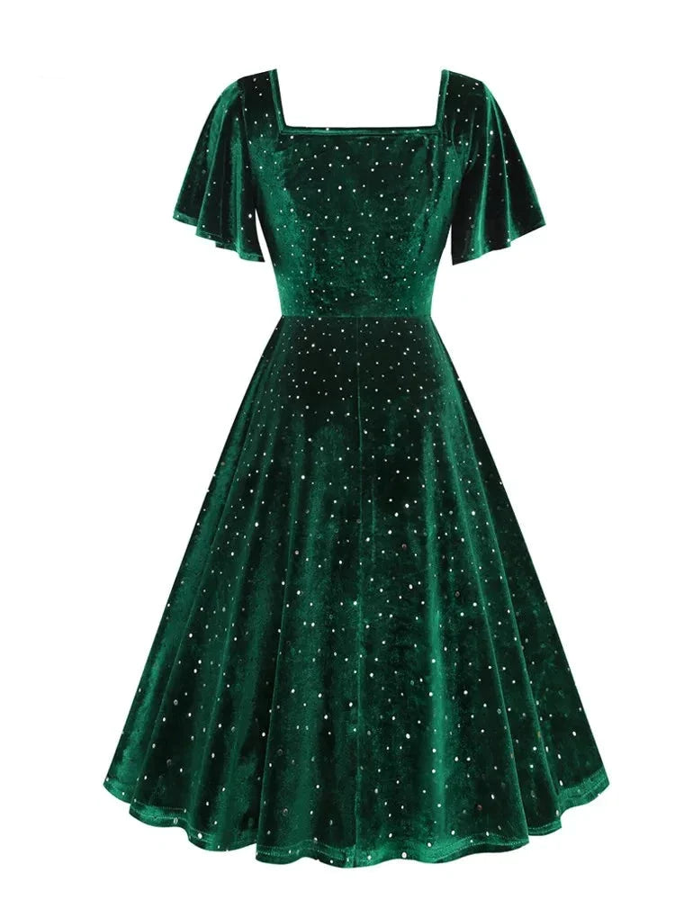 Dotted Velvet Green Elegant Party Christmas Winter Dresses for Women S FashionLoveHunter Dotted Velvet Green Elegant Party Christmas Winter Dresses for Women S FashionLoveHunter