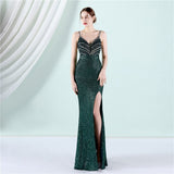 New Elegant Spaghetti Strap Green Formal Evening Dress Sexy High Slit Mermaid Sequin Party Prom Dress