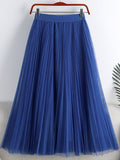 Elegant Tulle Pleated Skirt Summer Women Elastic High Waist Solid Casual Mesh Midi Skirt