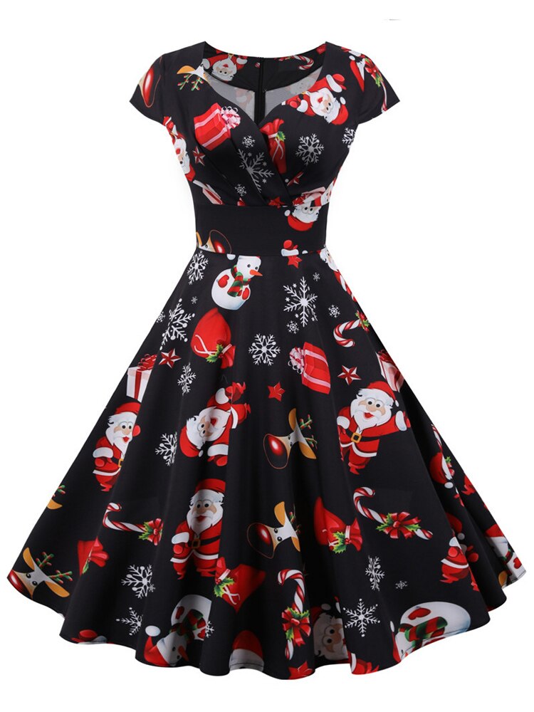Snowflake Print Red V Neck Wrap High Waist Vintage Robe Women Christmas Birthday Cap Sleeve Elegant Party Dress