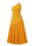 Yellow Spaghetti Strap One Shoulder Pleated Summer Long Cut Out Side Beach Outfits Midi Dress