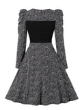 Square Neck Button Front Puff Sleeve Black Print Elegant Women Spring Autumn Vintage Swing Dress