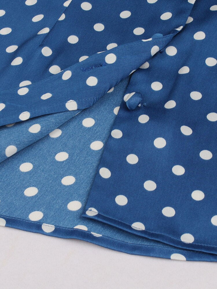 Women Blue Vintage Button Up Shirt V-Neck Short Sleeve Polka Dot Tops Summer Retro Style Slim Shirts