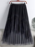 Long Women Tie Dye Print Gradient Color Mesh Pleated Skirt Elastic High Waist Tulle Midi Skirt