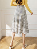 High Waist Elegant A-line Women Spring Korean Style Vintage Plaid All-match Ladies Long Skirt