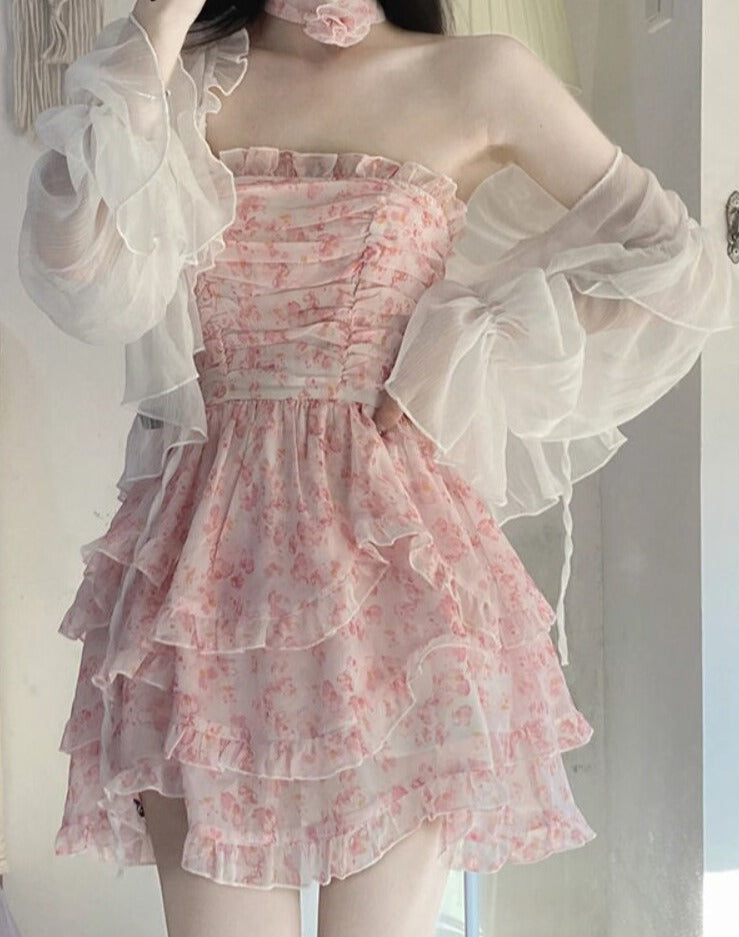 Summer Lace Floral Fairy Korean Strap Sexy Party Mini Designer Ruffle Flounce Sweet Dress