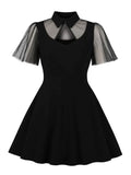 Turn Down Collar Hollow Out Sexy Party Short Dresses Vacation Summer Women Mesh Sleeve Cocktail Birthday Black Dress