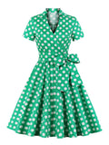 Green Surplice Neck Wrap Belted Vintage Robes Polka Dot Elegant Dress Women Short Sleeve Summer Pin Up Midi Dresses