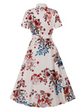 Vintage Short Sleeve Buttons Casual Summer Floral Shirt Turn-Down Collar Belted Long Dress