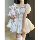 Bubble Sleeve Vintage Sweet Women Lace-up Elegant Princess Bow-knot Lolita Kawaii Mini Summer Dress