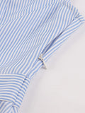 Turn-Down Collar Button Up Ruffle Armhole Casual Summer Shirt Women Sleeveless Blue Striped Vintage A-Line Dresses