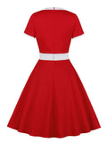 Cut Out Front Elegant Party Red Vintage Women Short Sleeve A-Line Summer Cotton Retro Dress