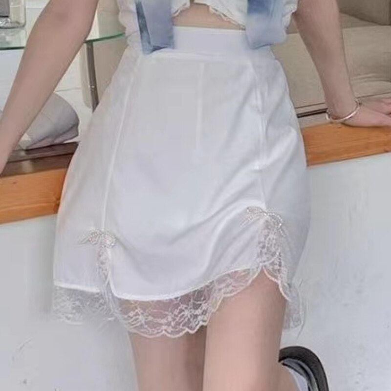 Summer Lace Bow Sweet Women Korean Shirring Cute Mini Skirt Set Puff Sleeve Slim Party Suits