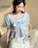 Summer Plaid Bow Sweet Korean Puff Sleeve Princess Designer Lace Fit Party Blouse