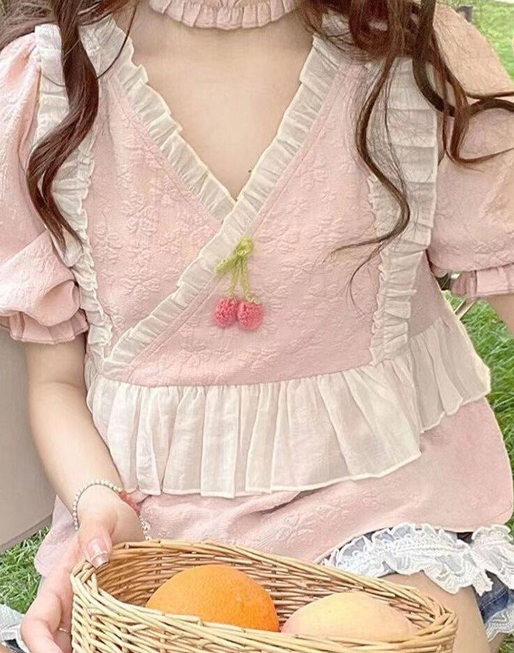 Summer Lace Floral Sweet Blouse Korean Ruffle Flounce Princess Loose Kawaii Blouse