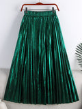 Spring Women Metallic Pleated Skirt Elastic High Waist Elegant Vintage Midi Skirt