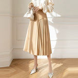 Women Elegant A-line Spring Korean Style Solid Color All-match Ladies Pleated Long Skirt