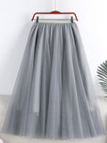 Spring Summer Women Elastic High Waist A Line Tulle Solid Casual Big Swing Mesh Midi Skirt