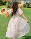 Summer Chiffon Floral Elegant Midi Casual Puff Sleeve Sweet Princess Vintage Lace Vacation Dress