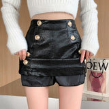 Ladies A-line Mini Skirts Fashion Korean Style Double-breasted Pu Leather Women High Waist Short Skirt