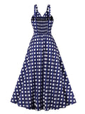 Spaghetti Strap V-Neck Plaid Blue Summer Dress Women Shirred Back Elegant Vacation Beach Vintage Long Dresses