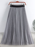 Women Contrast Trim Tulle Skirt Elastic High Waist Mesh Midi Pleated Skirts