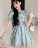 Summer Chiffon Lace Ruched Sweet Mini Korea Tie Dye Patchwork Party Hem Lace Mesh Kawaii Dress